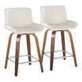 Santi 24" Mid-Century Modern Fixed-Height Counter Stool with Swivel in Walnut Wood and White Faux Leather with Square Chrome Metal Footrest- Set of 2 — pair view