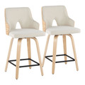 Stella 24" Contemporary Fixed-Height Counter Stool with Swivel in Natural Wood, Cream Fabric and Square Black Metal Footrest- Set of 2 — pair view