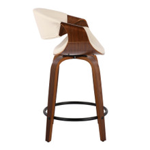 Curvo counter stool in Walnut Wood, Cream PU, Black Metal, side view, featuring swivel and wood frame