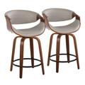 Symphony 24" Mid-Century Modern Fixed-Height Counter Stool with Swivel in Walnut Wood and Pewter Grey Faux Leather with Round Black Metal Footrest- Set of 2 — pair view