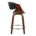 Curvo counter stool in Walnut Wood, Black PU, Chrome Metal, side view, featuring swivel and wood frame