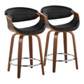 Symphony 24" Mid-Century Modern Fixed-Height Counter Stool with Swivel in Walnut Wood and Black Faux Leather with Round Chrome Metal Footrest- Set of 2 — pair view