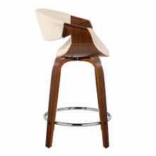 Curvo counter stool in Walnut Wood, Cream PU, Chrome Metal, side view, featuring swivel and wood frame
