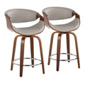 Symphony 24" Mid-Century Modern Fixed-Height Counter Stool with Swivel in Walnut Wood and Grey Faux Leather with Round Chrome Metal Footrest- Set of 2 — pair view