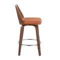 Trilogy counter stool in Walnut Wood, Orange Fabric, Chrome, side view, featuring swivel and upholstered seat