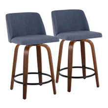 Toriano 24" Mid-Century Modern Fixed-Height Counter Stool with Swivel in Walnut Wood and Blue Fabric with Round Black Metal Footrest- Set of 2 — pair view
