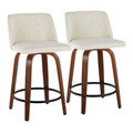 Toriano 24" Mid-Century Modern Fixed-Height Counter Stool with Swivel in Walnut Wood and Cream Fabric with Round Black Metal Footrest- Set of 2 — pair view