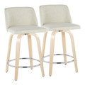 Toriano 24" Contemporary Fixed-Height Counter Stool with Swivel in Natural Wood and Cream Fabric with Round Chrome Metal Footrest- Set of 2 — pair view