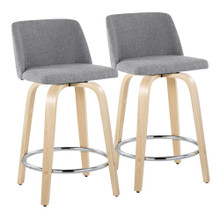 Toriano 24" Contemporary Fixed-Height Counter Stool with Swivel in Natural Wood and Grey Fabric with Round Chrome Metal Footrest- Set of 2 — pair view