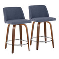 Toriano 24" Mid-Century Modern Fixed-Height Counter Stool with Swivel in Walnut Wood and Blue Fabric with Round Chrome Metal Footrest- Set of 2 — pair view