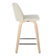 Tintori counter stool in Natural Wood, Cream Fabric, Chrome Metal, side view, featuring swivel and wood frame