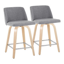 Toriano 24" Contemporary Fixed-Height Counter Stool with Swivel in Natural Wood and Grey Fabric with Square Chrome Metal Footrest- Set of 2 — pair view