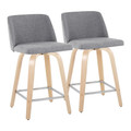 Toriano 24" Contemporary Fixed-Height Counter Stool with Swivel in Natural Wood and Grey Fabric with Square Chrome Metal Footrest- Set of 2 — pair view