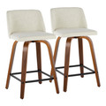 Toriano Mid-Century Modern Fixed-Height Counter Stool in Walnut Wood and Cream Fabric with Square Black Metal Footrest- Set of 2 — pair view