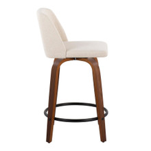 Tintori counter stool in Walnut Wood, Cream Noise Fabric, Black Metal, side view, featuring swivel and metal footrest