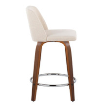 Tintori counter stool in Walnut Wood, Cream Noise Fabric, Chrome Metal, side view, featuring swivel and metal footrest