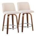 Toriano 24" Mid-Century Modern Fixed-Height Counter Stool with Swivel in Walnut Wood and Cream Noise Fabric with Round Chrome Metal Footrest- Set of 2 — pair view