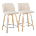 Toriano 24" Contemporary Fixed-Height Counter Stool with Swivel in Natural Wood and Cream Noise Fabric with Square Chrome Metal Footrest- Set of 2 — pair view
