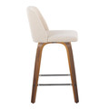 Tintori counter stool in Walnut Wood, Cream Noise Fabric, Chrome Metal, side view, featuring swivel and metal footrest