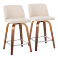 Toriano 24" Mid-Century Modern Fixed-Height Counter Stool with Swivel in Walnut Wood and Cream Noise Fabric with Square Chrome Metal Footrest- Set of 2 — pair view