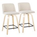 Toriano 24" Contemporary Fixed-Height Counter Stool with Swivel in Natural Wood and Cream Noise Fabric with Square Black Metal Footrest- Set of 2 — pair view