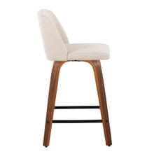 Tintori counter stool in Walnut Wood, Cream Noise Fabric, Black Metal, side view, featuring swivel and metal footrest