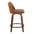 Tintori counter stool in Walnut Wood, Camel PU, Black Metal, side view, featuring swivel and wood frame