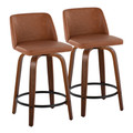 Toriano 24" Mid-Century Modern Fixed-Height Counter Stool with Swivel in Walnut Wood and Camel Faux Leather with Round Black Metal Footrest- Set of 2 — pair view