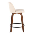 Tintori counter stool in Walnut Wood, Cream PU, Black Metal, side view, featuring swivel and wood frame