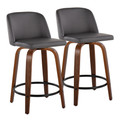 Toriano 24" Mid-Century Modern Fixed-Height Counter Stool with Swivel in Walnut Wood and Grey Faux Leather with Round Black Metal Footrest- Set of 2 — pair view