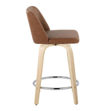 Tintori counter stool in Natural Wood, Camel PU, Chrome Metal, side view, featuring swivel and wood frame