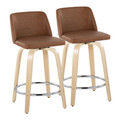 Toriano 24" Contemporary Fixed-Height Counter Stool with Swivel in Natural Wood and Camel Faux Leather with Round Chrome Metal Footrest- Set of 2 — pair view