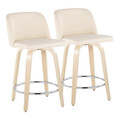 Toriano 24" Contemporary Fixed-Height Counter Stool with Swivel in Natural Wood and Cream Faux Leather with Round Chrome Metal Footrest- Set of 2 — pair view