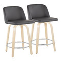 Toriano 24" Contemporary Fixed-Height Counter Stool with Swivel in Natural Wood and Grey Faux Leather with Round Chrome Metal Footrest- Set of 2 — pair view