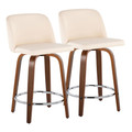 Toriano 24" Mid-Century Modern Fixed-Height Counter Stool with Swivel in Walnut Wood and Cream Faux Leather with Round Chrome Metal Footrest- Set of 2 — pair view