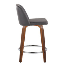 Tintori counter stool in Walnut Wood, Grey PU, Chrome Metal, side view, featuring swivel and metal footrest