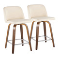 Toriano 24" Mid-Century Modern Fixed-Height Counter Stool with Swivel in Walnut Wood and Cream Faux Leather with Square Chrome Metal Footrest- Set of 2 — pair view