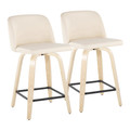 Toriano 24" Contemporary Fixed-Height Counter Stool with Swivel in Natural Wood and Cream Faux Leather with Square Black Metal Footrest- Set of 2 — pair view