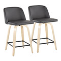 Toriano 24" Contemporary Fixed-Height Counter Stool with Swivel in Natural Wood and Grey Faux Leather with Square Black Metal Footrest- Set of 2 — pair view