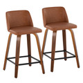 Toriano 24" Mid-Century Modern Fixed-Height Counter Stool with Swivel in Walnut Wood and Camel Faux Leather with Square Black Metal Footrest- Set of 2 — pair view