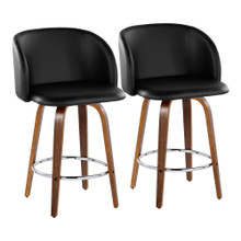 Fran 25" Mid-Century Modern Fixed-Height Counter Stool with Swivel in Walnut Wood and Black Faux Leather with Round Chrome Metal Footrest- Set of 2 — pair view