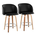 Fran 25" Mid-Century Modern Fixed-Height Counter Stool with Swivel in Zebra Wood and Black Faux Leather with Round Chrome Metal Footrest- Set of 2 — pair view