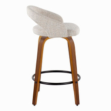 Grotto counter stool in Walnut Wood, Oat Noise Fabric, Black Metal, side view, featuring swivel and wood frame