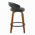 Grotto counter stool in Walnut Wood, Black PU, Black Metal, side view, featuring swivel and wood frame