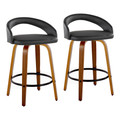 Grotto Upholstered 26" Contemporary Fixed-Height Counter Stool with Swivel in Walnut Wood and Black Faux Leather with Round Black Metal Footrest- Set of 2 — pair view
