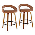 Grotto Upholstered 26" Contemporary Fixed-Height Counter Stool with Swivel in Walnut Wood and Camel Faux Leather with Round Black Metal Footrest- Set of 2 — pair view