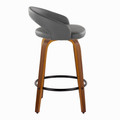 Grotto counter stool in Walnut Wood, Grey PU, Black Metal, side view, featuring swivel and wood frame