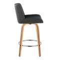 Santi counter stool in Zebra Wood, Chrome Metal, Grey PU, side view, featuring swivel and wood frame