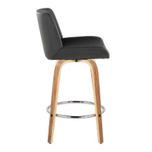 Santi counter stool in Zebra Wood, Chrome Metal, Grey PU, side view, featuring swivel and wood frame