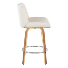 Santi counter stool in Zebra Wood, Chrome Metal, White PU, side view, featuring swivel and wood frame